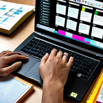 **A person working at a desk with various textbooks and a laptop, focused on a robotics study plan. The image should convey a sense of organization and determination, possibly with sticky notes and diagrams visible.**